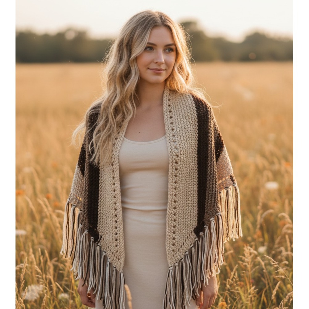 NEW Beige Brown Hand Knitted Shawl Wrap Scarf Boho Hippie Indie Art Cottage Cozy